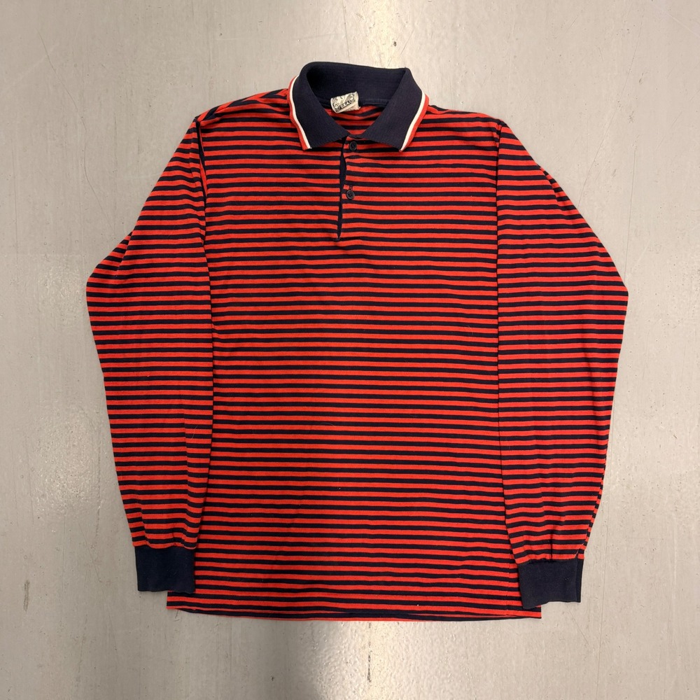 Vintage Campus American Action Mens Medium Red Navy Striped Long Sleeve Polo